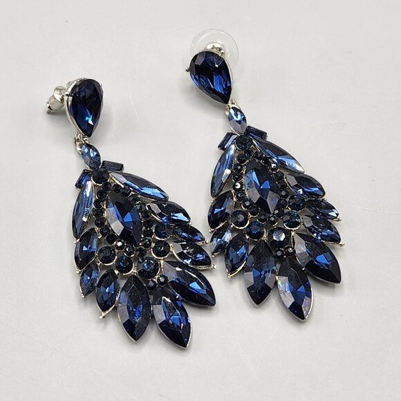Blue Crystal Drop Earrings Waterfall Stud Back - Picture 1 of 9